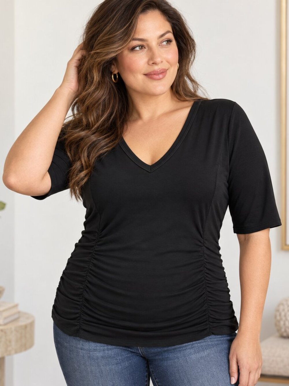 WHBM White House Black Market Shirred V-Neck Tee Womens XL Cotton Modal Ruched